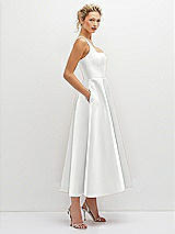 Side View Thumbnail - White Square Neck Satin Midi Dress with Full Skirt & Pockets