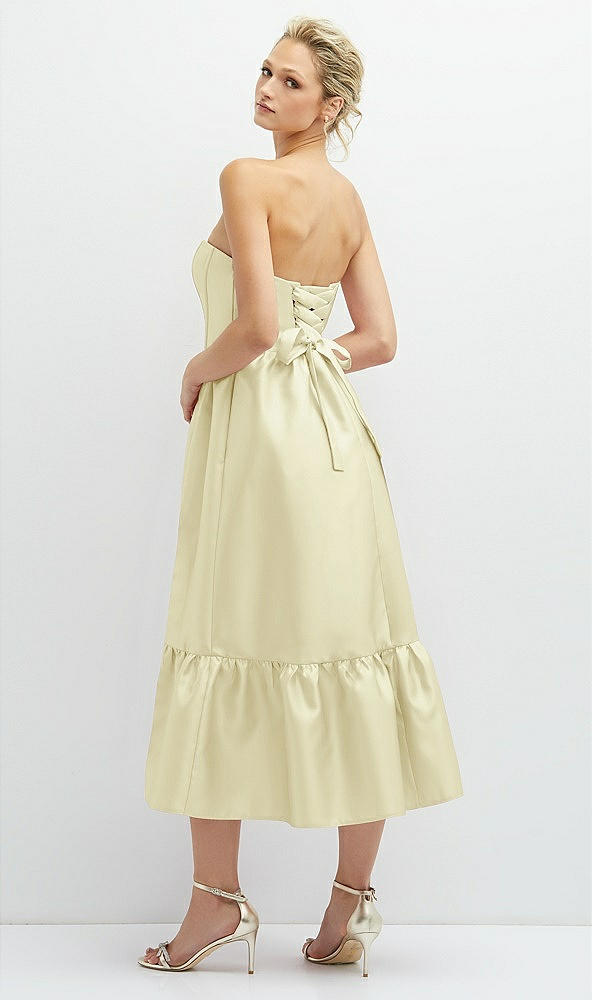 Back View - Butter Yellow Strapless Satin Midi Corset Dress with Lace-Up Back & Ruffle Hem