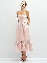 Alt View 1 Thumbnail - Blush Strapless Satin Midi Corset Dress with Lace-Up Back & Ruffle Hem