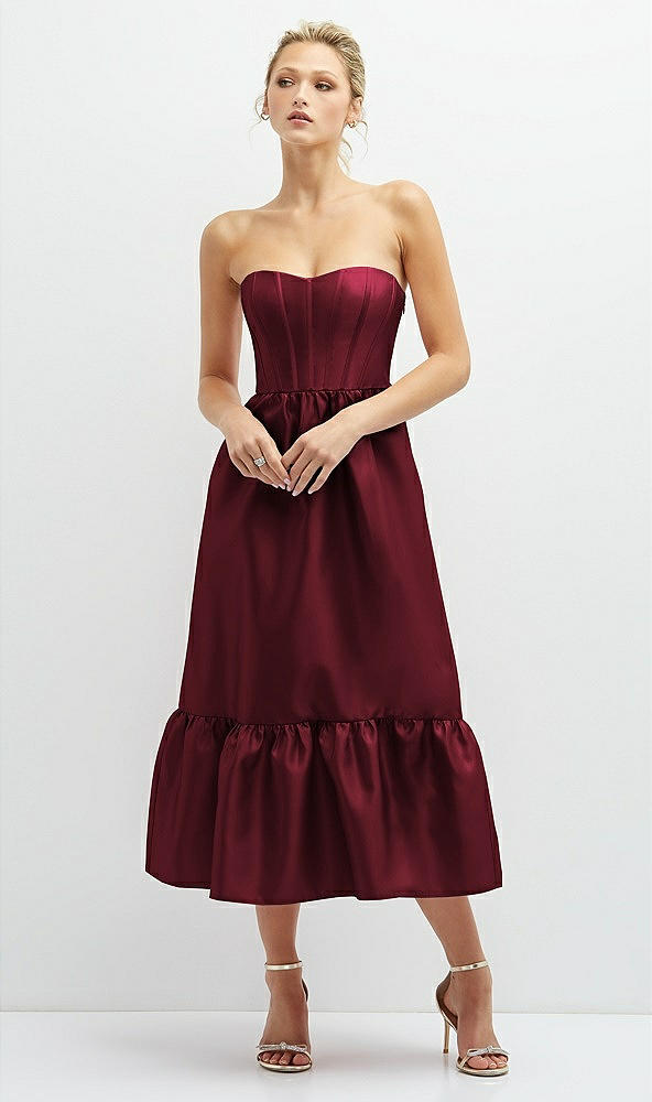 Front View - Cabernet Strapless Satin Midi Corset Dress with Lace-Up Back & Ruffle Hem