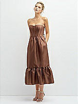 Alt View 1 Thumbnail - Cognac Strapless Satin Midi Corset Dress with Lace-Up Back & Ruffle Hem