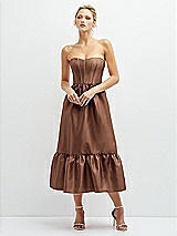 Front View Thumbnail - Cognac Strapless Satin Midi Corset Dress with Lace-Up Back & Ruffle Hem