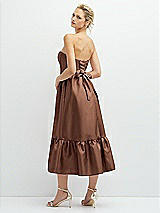 Rear View Thumbnail - Cognac Strapless Satin Midi Corset Dress with Lace-Up Back & Ruffle Hem