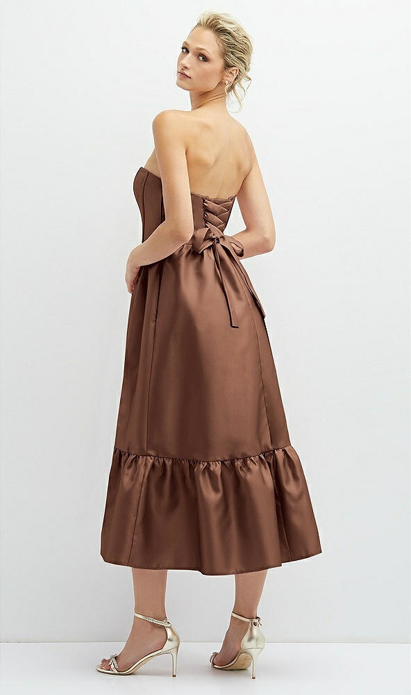 Back View - Cognac Strapless Satin Midi Corset Dress with Lace-Up Back & Ruffle Hem
