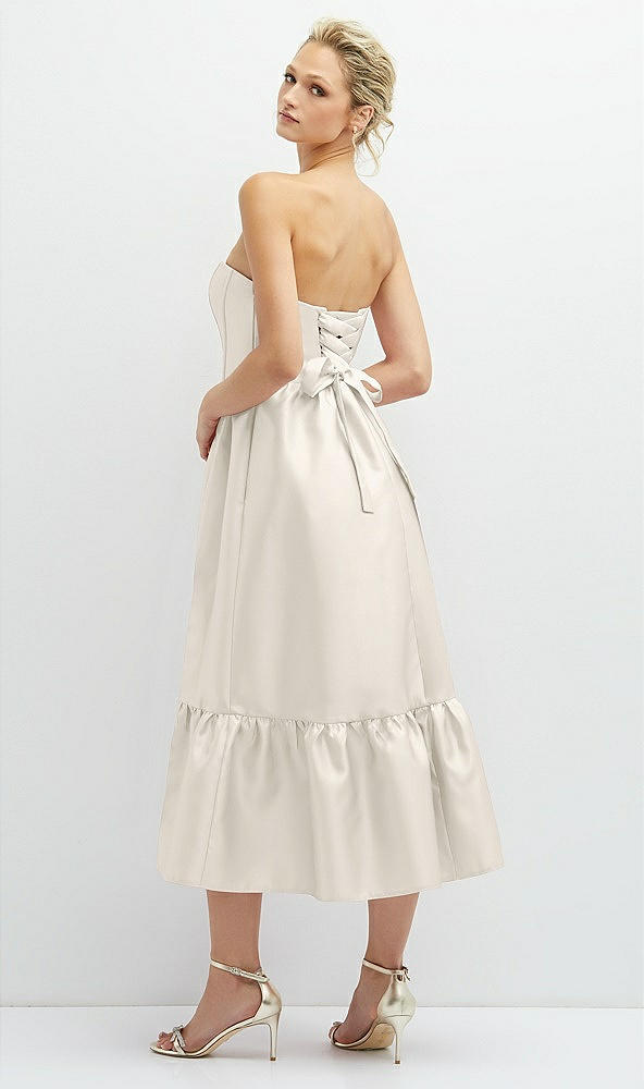 Back View - Ivory Strapless Satin Midi Corset Dress with Lace-Up Back & Ruffle Hem