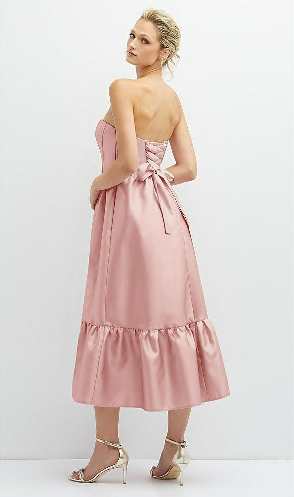 Back View - Rose Strapless Satin Midi Corset Dress with Lace-Up Back & Ruffle Hem