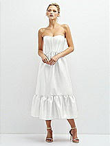 Front View Thumbnail - White Strapless Satin Midi Corset Dress with Lace-Up Back & Ruffle Hem