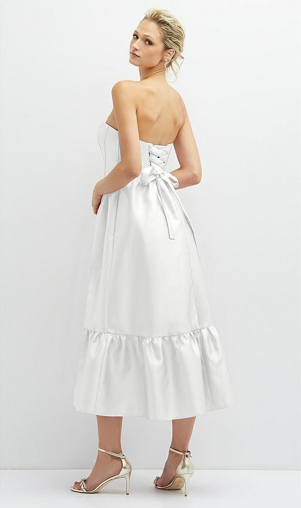 Back View - White Strapless Satin Midi Corset Dress with Lace-Up Back & Ruffle Hem