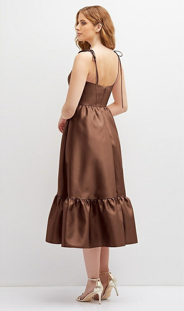 Back View - Cognac Shirred Ruffle Hem Midi Dress with Self-Tie Spaghetti Straps and Pockets