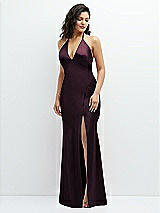 Front View Thumbnail - Deep Plum Plunge Halter Open-Back Maxi Bias Dress with Low Tie Back