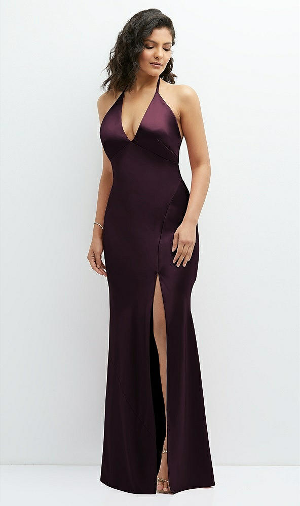 Front View - Deep Plum Plunge Halter Open-Back Maxi Bias Dress with Low Tie Back