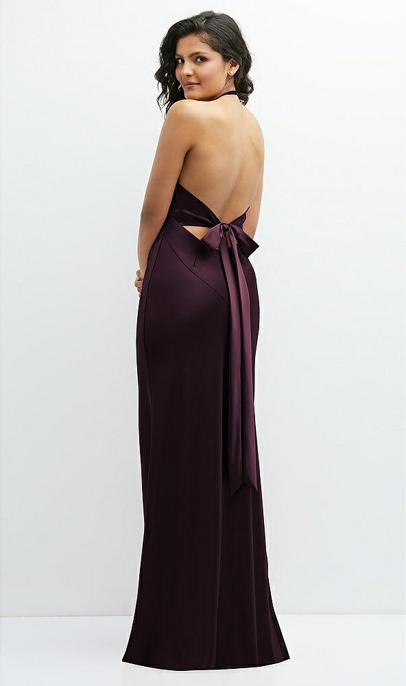 Back View - Deep Plum Plunge Halter Open-Back Maxi Bias Dress with Low Tie Back