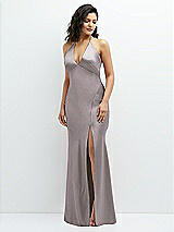 Front View Thumbnail - Cashmere Gray Plunge Halter Open-Back Maxi Bias Dress with Low Tie Back