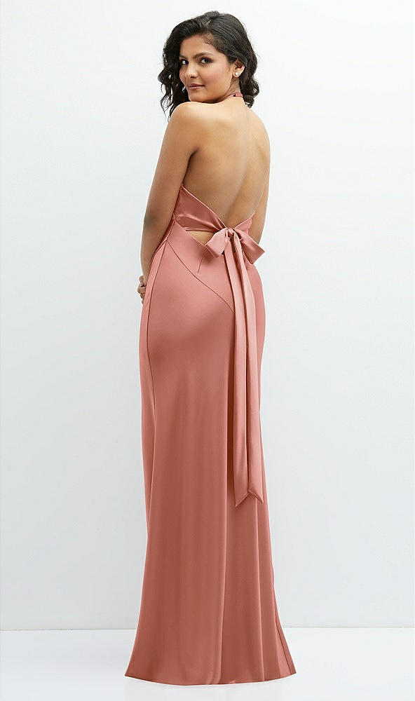 Back View - Desert Rose Plunge Halter Open-Back Maxi Bias Dress with Low Tie Back