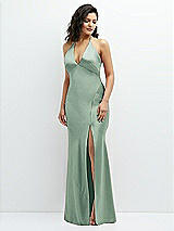 Front View Thumbnail - Seagrass Plunge Halter Open-Back Maxi Bias Dress with Low Tie Back