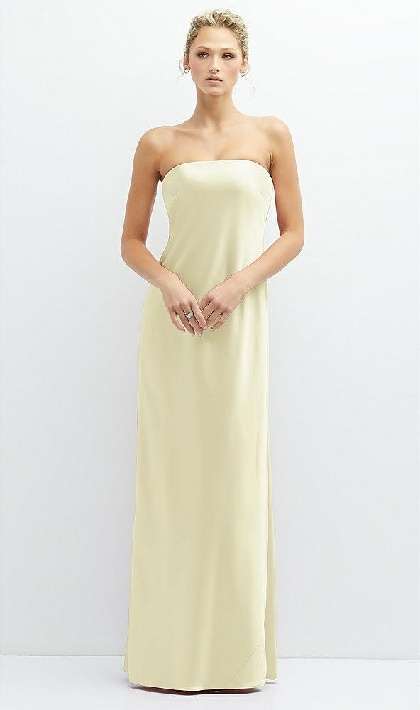 Front View - Butter Yellow Strapless Maxi Bias Column Dress with Peek-a-Boo Corset Back