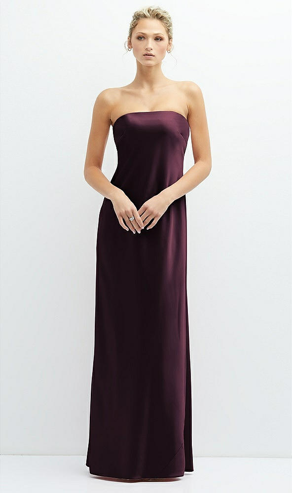Front View - Deep Plum Strapless Maxi Bias Column Dress with Peek-a-Boo Corset Back