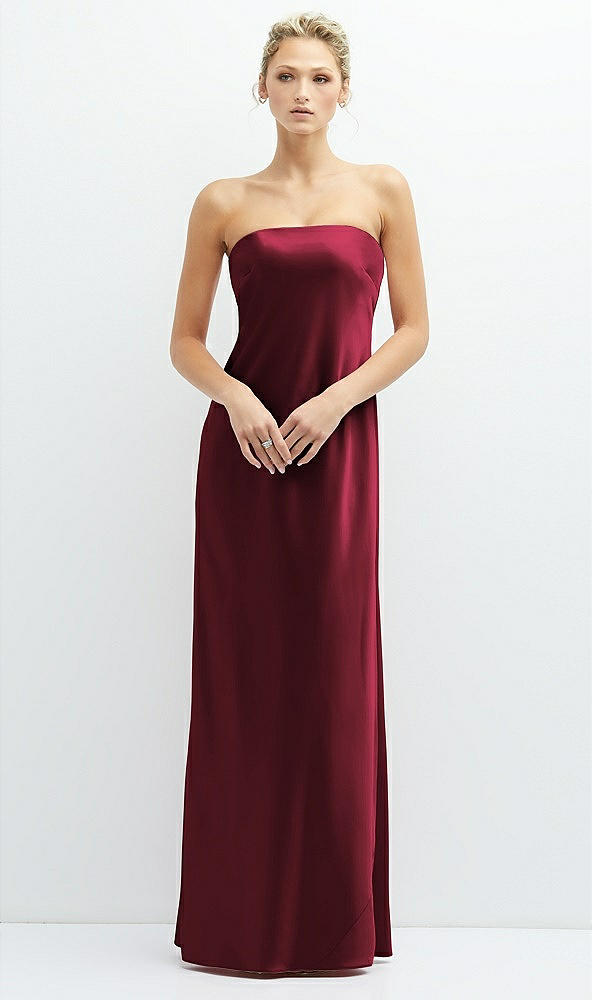 Front View - Cabernet Strapless Maxi Bias Column Dress with Peek-a-Boo Corset Back