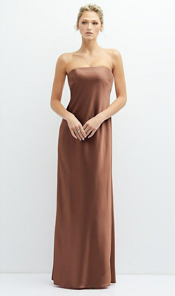 Front View - Cognac Strapless Maxi Bias Column Dress with Peek-a-Boo Corset Back