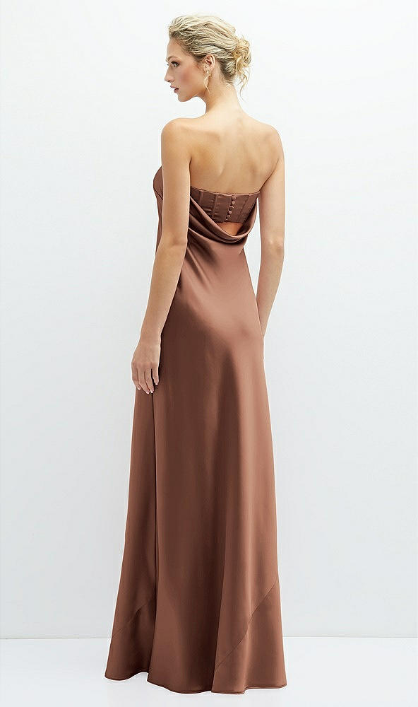 Back View - Cognac Strapless Maxi Bias Column Dress with Peek-a-Boo Corset Back