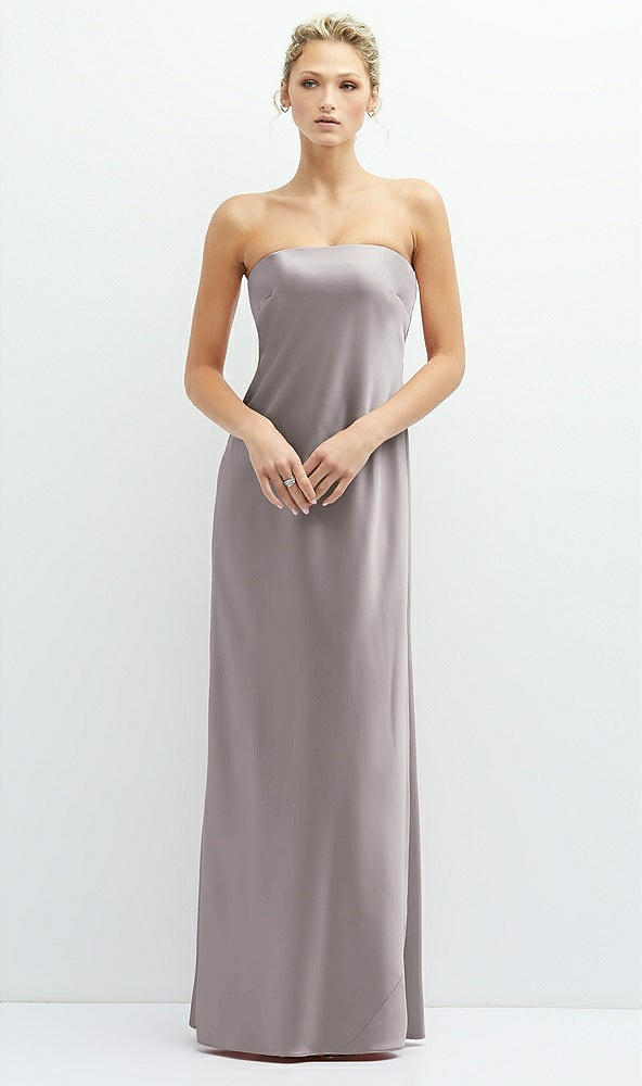 Front View - Cashmere Gray Strapless Maxi Bias Column Dress with Peek-a-Boo Corset Back