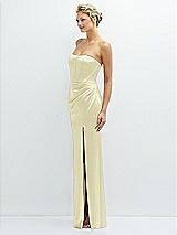 Side View Thumbnail - Butter Yellow Strapless Topstitched Corset Satin Maxi Dress with Draped Column Skirt