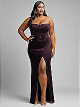 Alt View 1 Thumbnail - Deep Plum Strapless Topstitched Corset Satin Maxi Dress with Draped Column Skirt