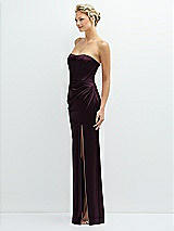 Side View Thumbnail - Deep Plum Strapless Topstitched Corset Satin Maxi Dress with Draped Column Skirt