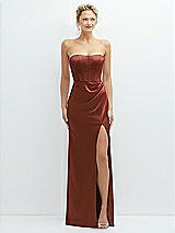 Front View Thumbnail - Auburn Moon Strapless Topstitched Corset Satin Maxi Dress with Draped Column Skirt