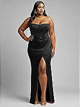 Alt View 1 Thumbnail - Black Strapless Topstitched Corset Satin Maxi Dress with Draped Column Skirt