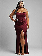 Alt View 1 Thumbnail - Cabernet Strapless Topstitched Corset Satin Maxi Dress with Draped Column Skirt