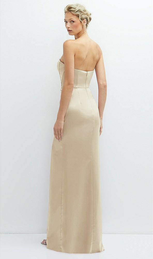 Back View - Champagne Strapless Topstitched Corset Satin Maxi Dress with Draped Column Skirt