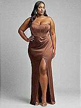 Alt View 1 Thumbnail - Cognac Strapless Topstitched Corset Satin Maxi Dress with Draped Column Skirt