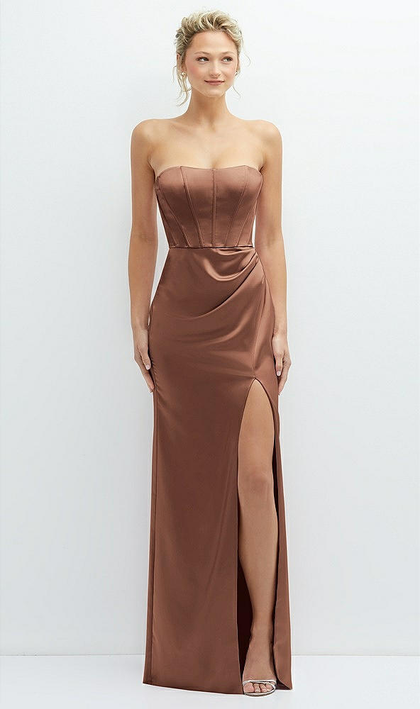 Front View - Cognac Strapless Topstitched Corset Satin Maxi Dress with Draped Column Skirt