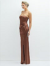 Side View Thumbnail - Cognac Strapless Topstitched Corset Satin Maxi Dress with Draped Column Skirt