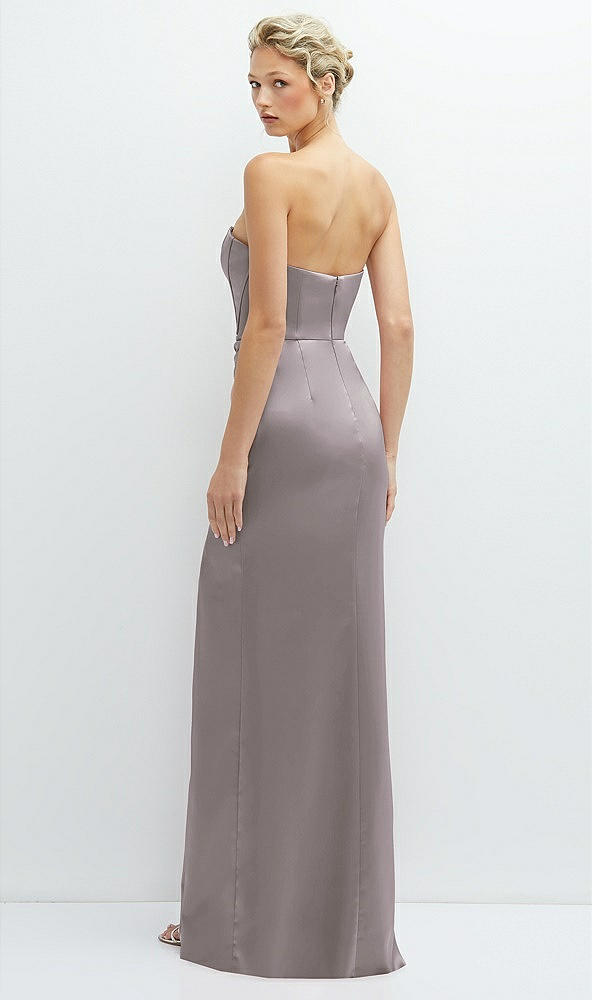 Back View - Cashmere Gray Strapless Topstitched Corset Satin Maxi Dress with Draped Column Skirt