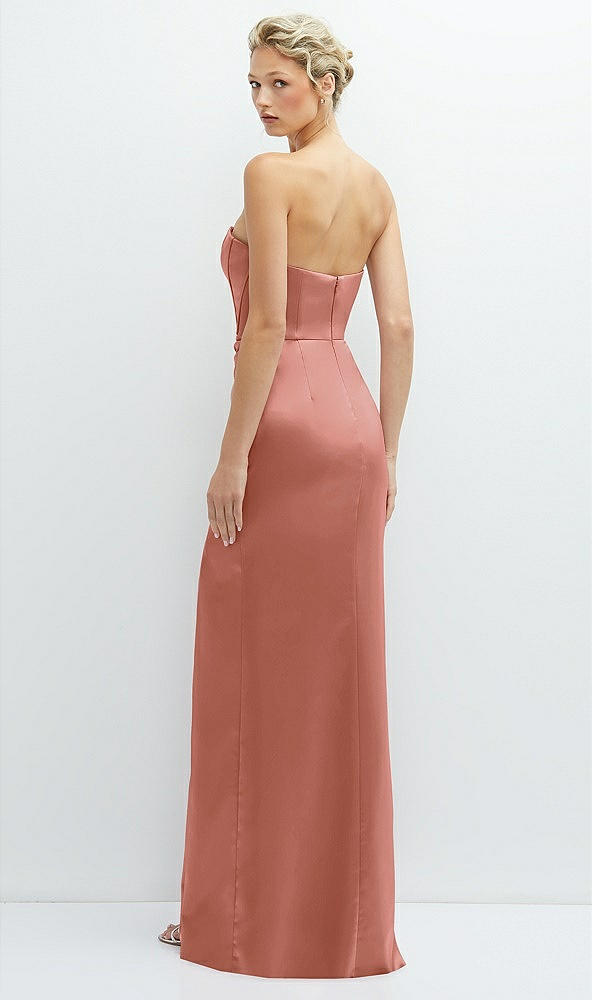 Back View - Desert Rose Strapless Topstitched Corset Satin Maxi Dress with Draped Column Skirt