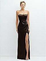 Front View Thumbnail - Espresso Strapless Topstitched Corset Satin Maxi Dress with Draped Column Skirt