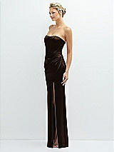 Side View Thumbnail - Espresso Strapless Topstitched Corset Satin Maxi Dress with Draped Column Skirt