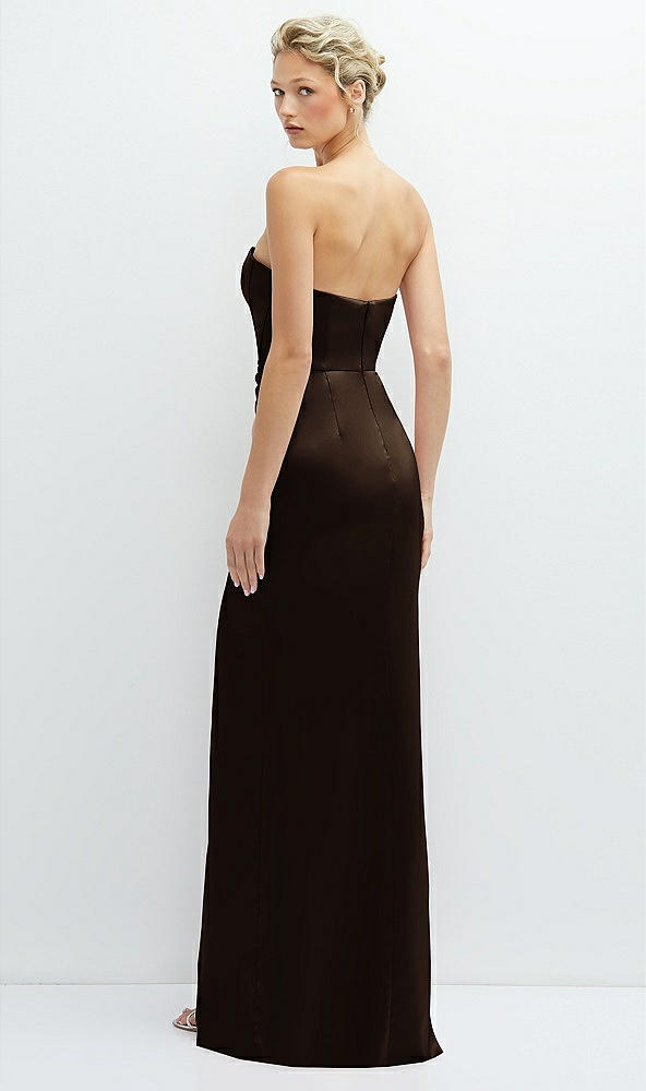 Back View - Espresso Strapless Topstitched Corset Satin Maxi Dress with Draped Column Skirt