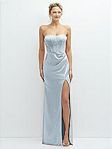 Front View Thumbnail - Mist Strapless Topstitched Corset Satin Maxi Dress with Draped Column Skirt