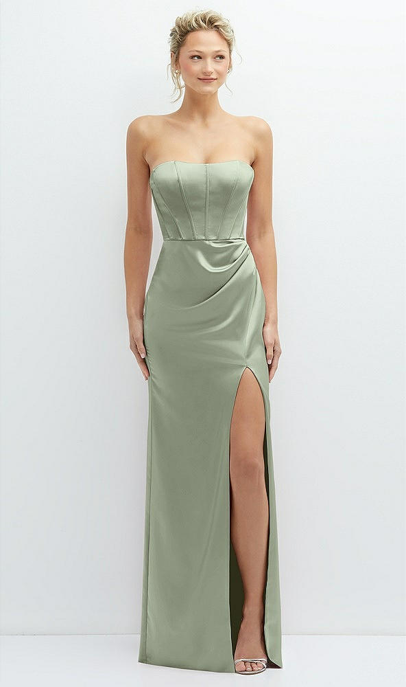 Front View - Sage Strapless Topstitched Corset Satin Maxi Dress with Draped Column Skirt