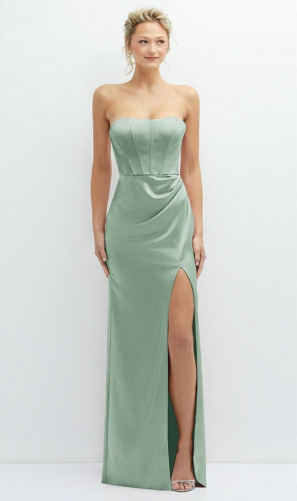 Front View - Seagrass Strapless Topstitched Corset Satin Maxi Dress with Draped Column Skirt