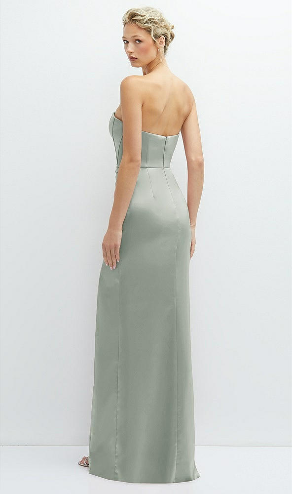 Back View - Willow Green Strapless Topstitched Corset Satin Maxi Dress with Draped Column Skirt