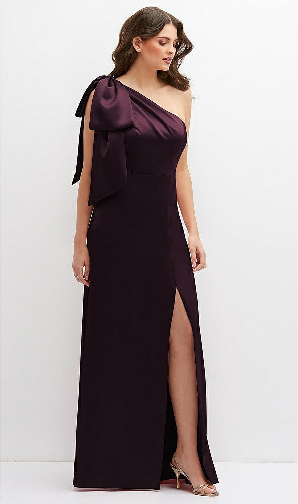 Front View - Deep Plum One-Shoulder Satin Maxi Dress with Chic Oversized Shoulder Bow