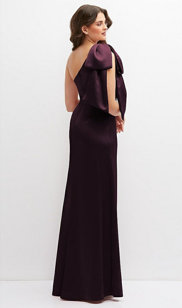 Back View - Deep Plum One-Shoulder Satin Maxi Dress with Chic Oversized Shoulder Bow