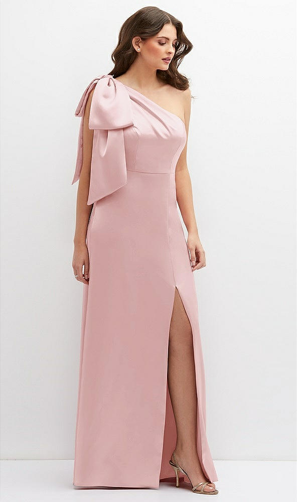 Front View - Ballet Pink One-Shoulder Satin Maxi Dress with Chic Oversized Shoulder Bow