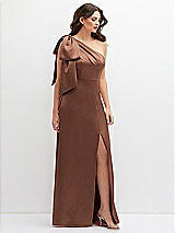 Front View Thumbnail - Cognac One-Shoulder Satin Maxi Dress with Chic Oversized Shoulder Bow