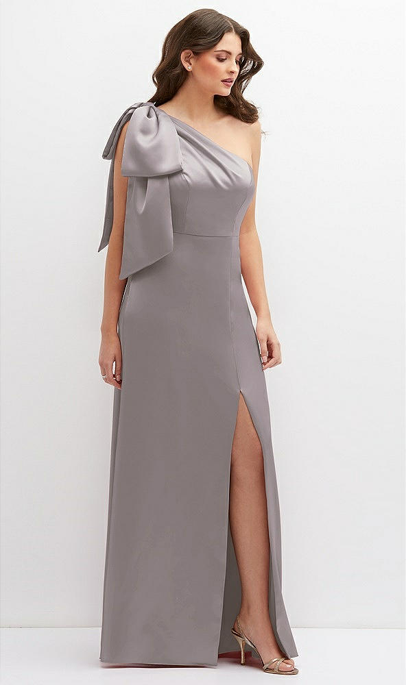 Front View - Cashmere Gray One-Shoulder Satin Maxi Dress with Chic Oversized Shoulder Bow