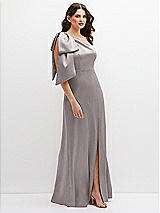 Side View Thumbnail - Cashmere Gray One-Shoulder Satin Maxi Dress with Chic Oversized Shoulder Bow